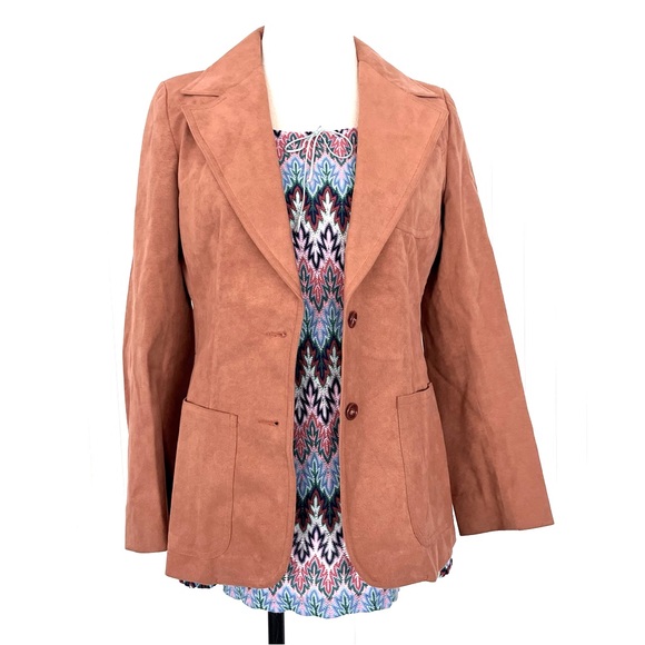 Vintage 70s Dusty Pink Suede Blazer Big Collar Hip Pockets Soft Size Medium - Picture 1 of 10